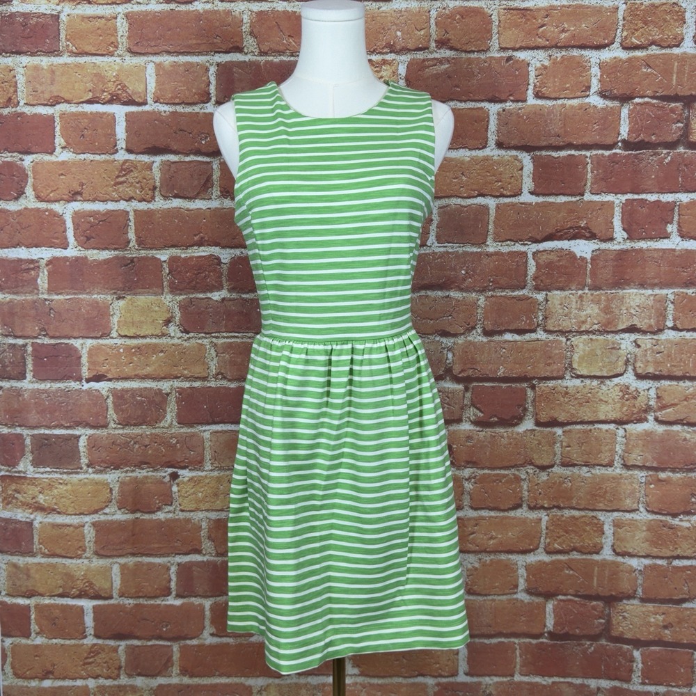 J.‎ Crew Dress Women's XS Lime Green White Striped Fit & Flare Sleeveless Spring